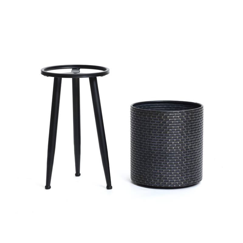 Set of 2 Black Dimpled Metal Cachepot Planters with Black Metal Legs