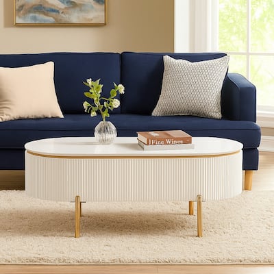 Tyce Oval Coffee Table with Drawer, 47 Inch, Glossy White, Gold Metal