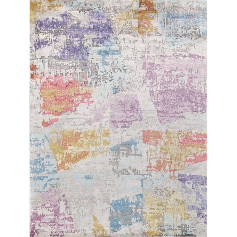 EXQUISITE RUGS Floor Art Hand-knotted Bamboo Silk Ivory/Blue/Gold/Lavender Area Rug.