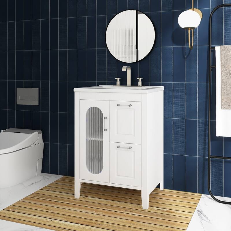 24 in. W x 33 in. H Solid Wood and MDF Bathroom Vanity with Ceramic Sink, Door and Drawers