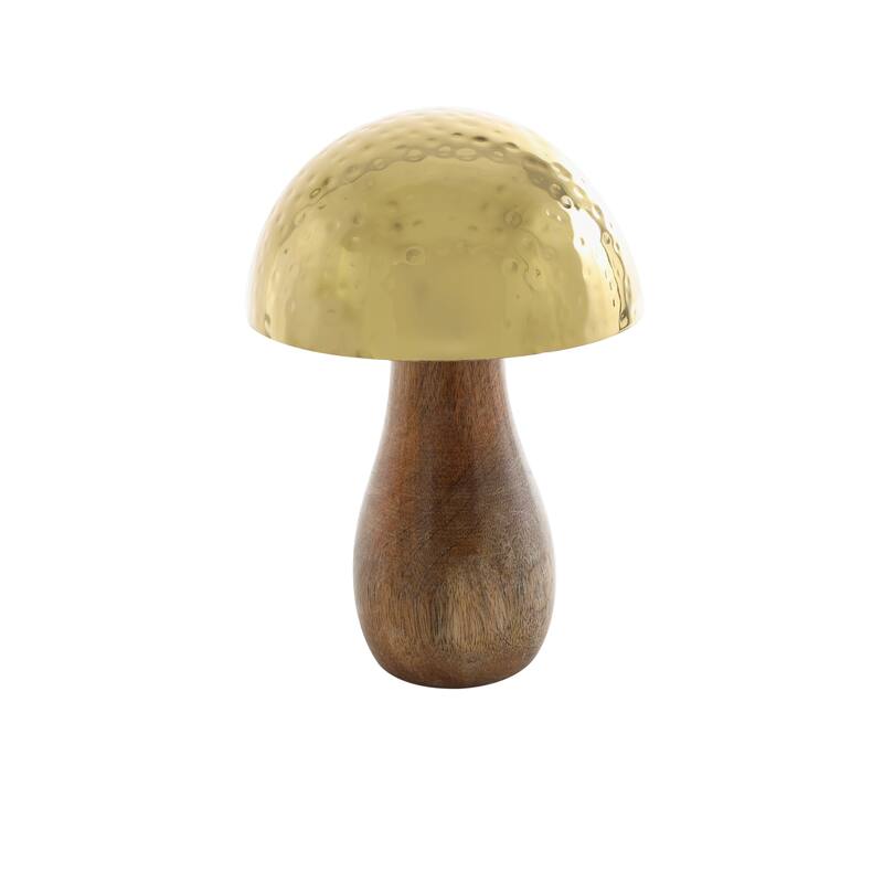 Gold or Silver Stainless Steel Handmade Hammered Mushroom Sculpture with Brown Mango Wood Bases (Set of 3)