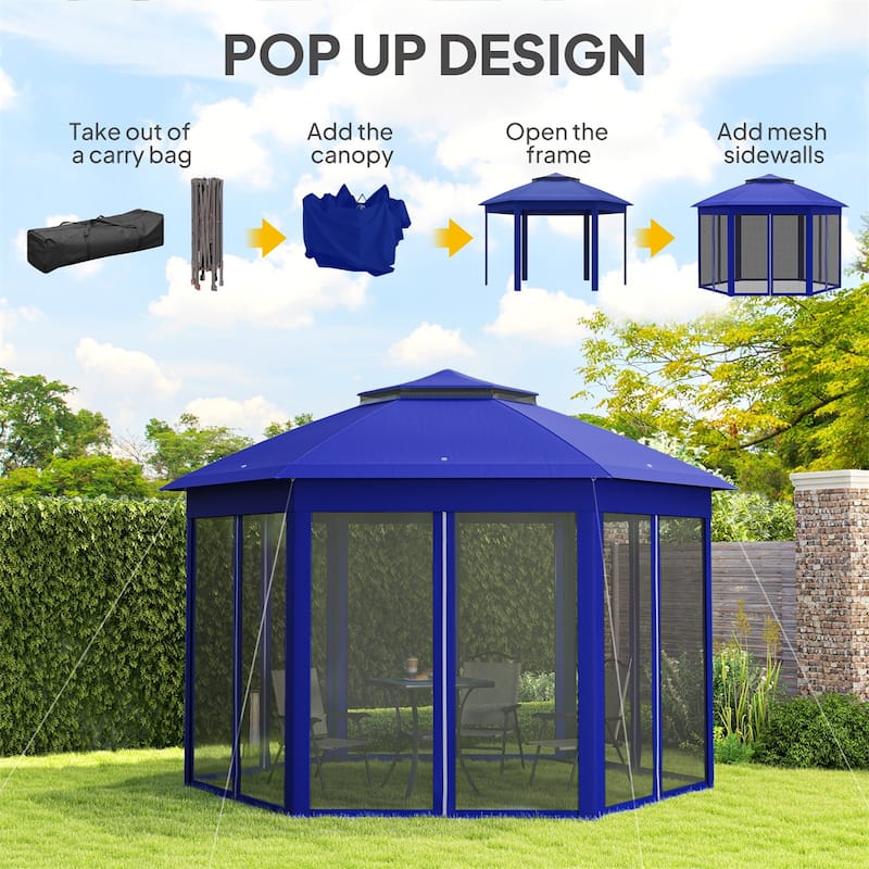 Dark Blue-Black Steel Polyester Hexagon Pop-Up Outdoor Gazebo Tent - Eave Height: 6.6'