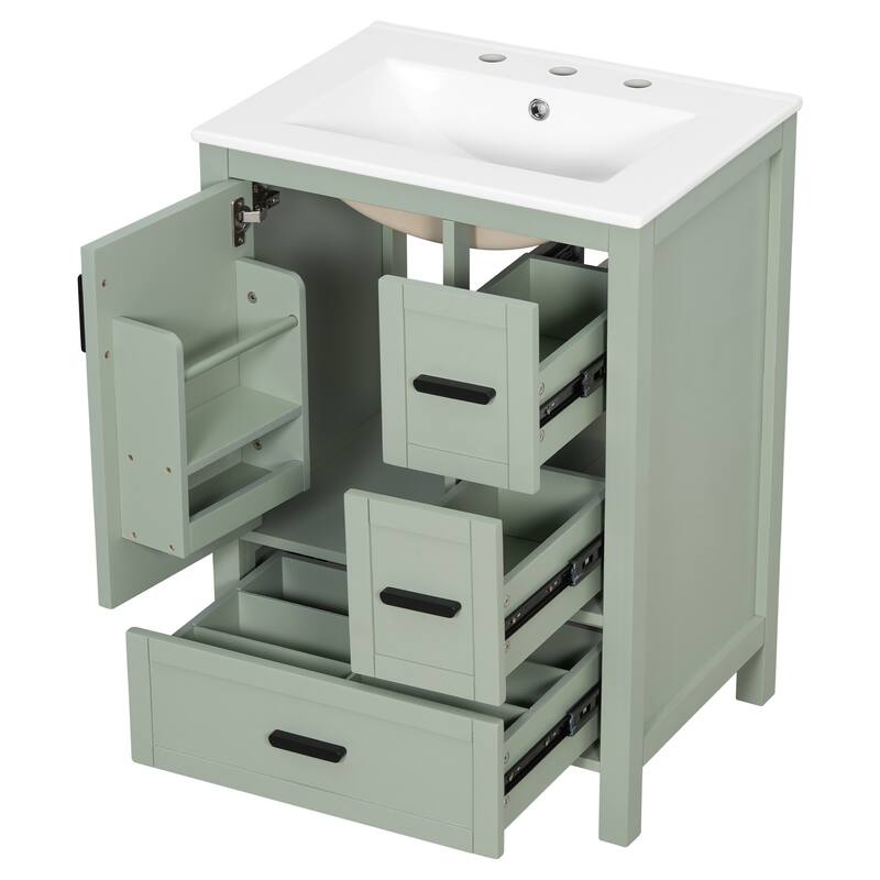 Solid Wood Frame Bathroom Vanity Cabinet with Ceramic Sink, Space-Saving 24-Inch Vanity
