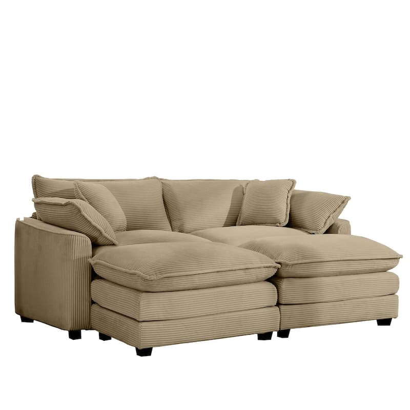GDFStudio - Fiber Corduroy 2 Seater Sofa with Dual Ottomans Set