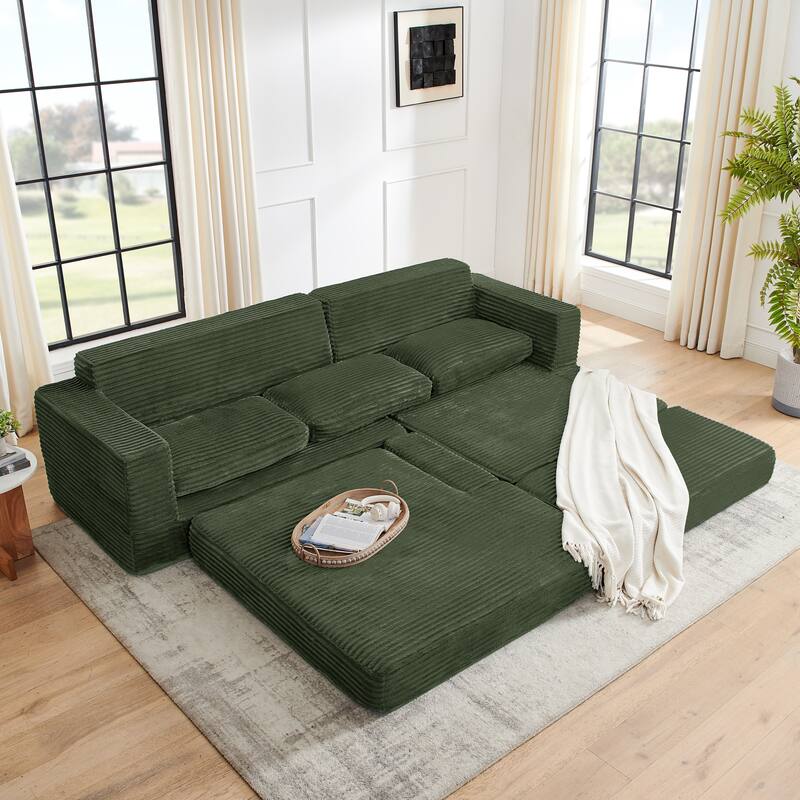 Expanded into Queen Size Floor Bed of Sectional Sofa with Chaise, L-shaped Corduroy Upholstered Compressed Couch with Pillows