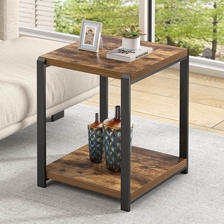 Modern Rustic End Table with Storage Shelf, Wood and Metal Nightstand ...