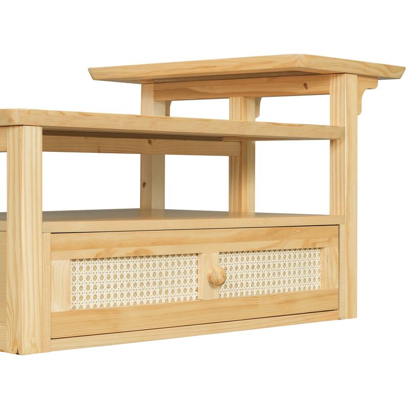 Anmytek Modern Coffee Table with Rattan Drawer 2 Tabletops Storage Shelf Living Room