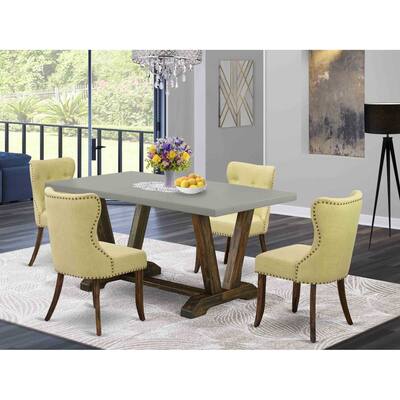 HomeStock 5-Piece Rectangle Distressed Jacobean Finish Solid Wood Top Dining Table with 4 Parson Chair with Lattice Back