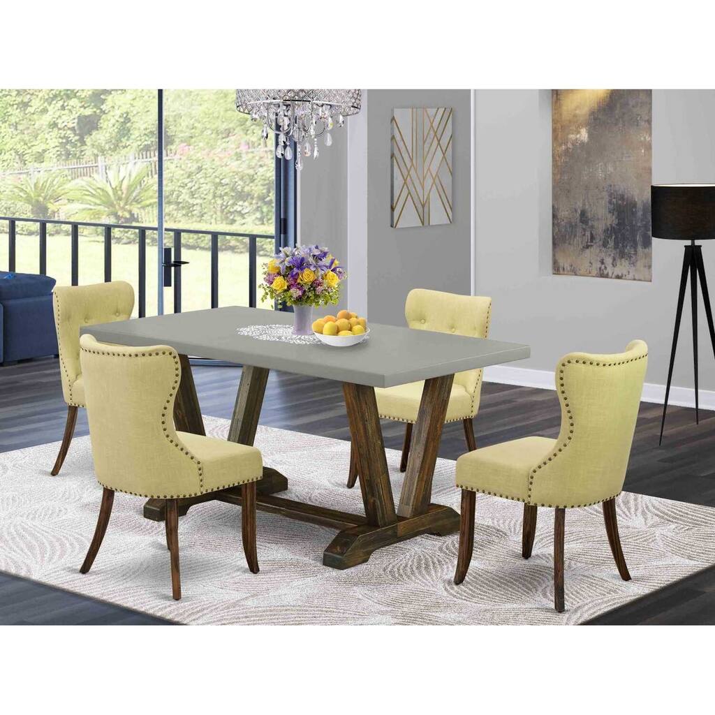 HomeStock 5-Piece Rectangle Distressed Jacobean Finish Solid Wood Top Dining Table with 4 Parson Chair with Lattice Back