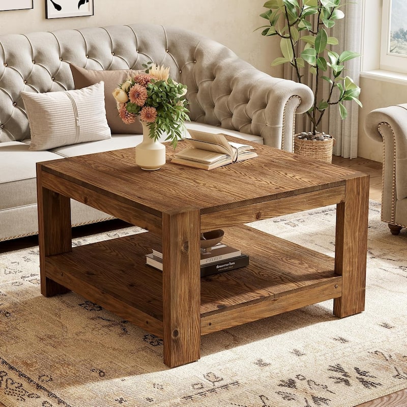 31.5" Square Farmhouse Solid Wood Coffee Table with Storage Shelf for Living Room, Small Space, Office,