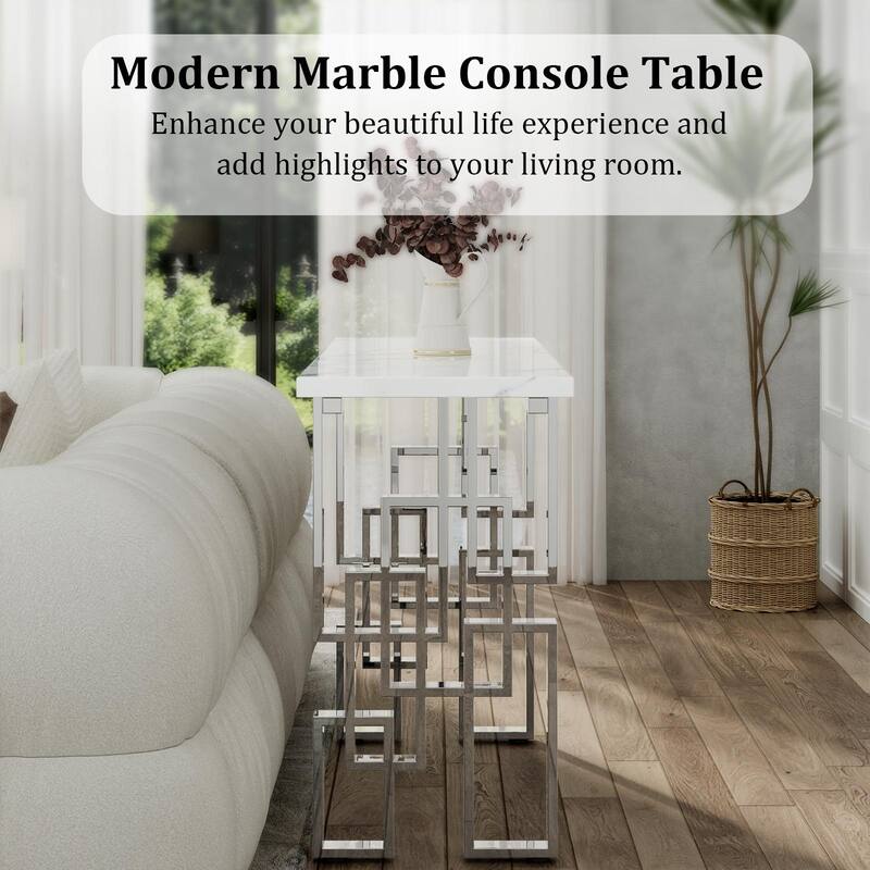 Modern Console Table 55 inch Sofa Table with High Gloss Top and Mirrored Metal Base for Entryway Living Room
