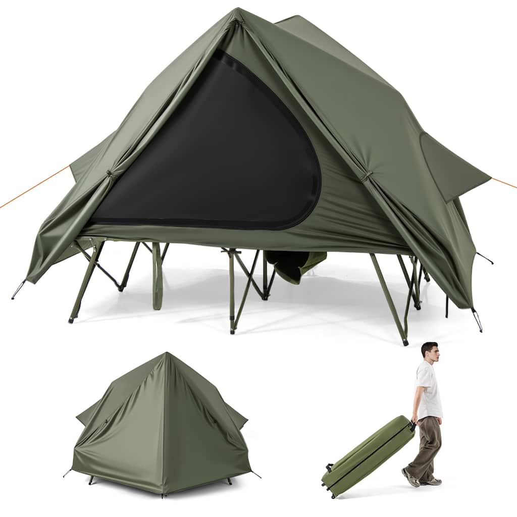 Green Oxford Cloth Metal 2-Person Camping Tent Cot Combo with Rainfly and Wheeled Bag - 80" x 51" x 64"
