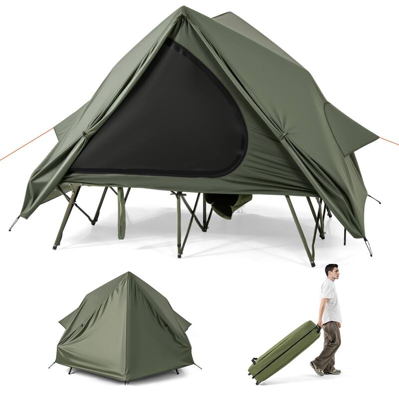 Green Oxford Cloth Metal 2-Person Camping Tent Cot Combo with Rainfly and Wheeled Bag - 80" x 51" x 64" - Green