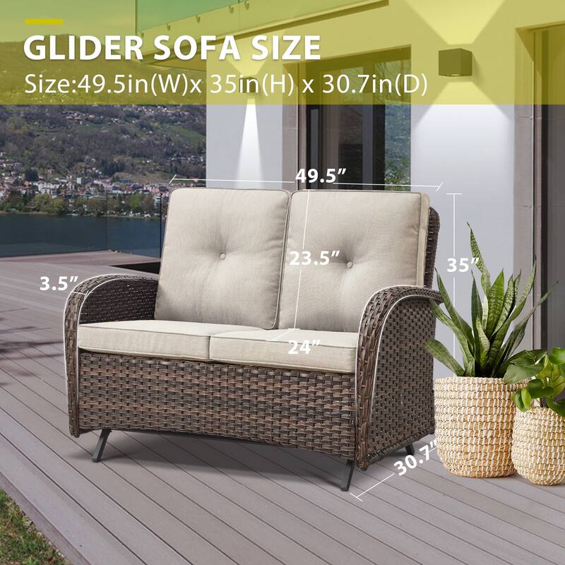 2 Seater Wicker Glider Sofa with Rattan Table - Brown