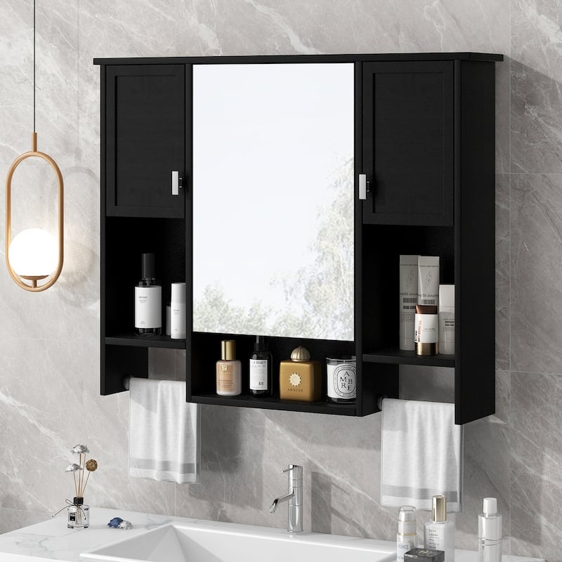Roomfitters 35"x28" Wall Mounted Mirror Cabinet, Bathroom Storage with Towel Bar, Modern Medicine Cabinet for Wall Use, Black