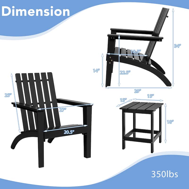 Costway 3PC Patio Adirondack Chairs Side Table Set Solid Wood Garden
