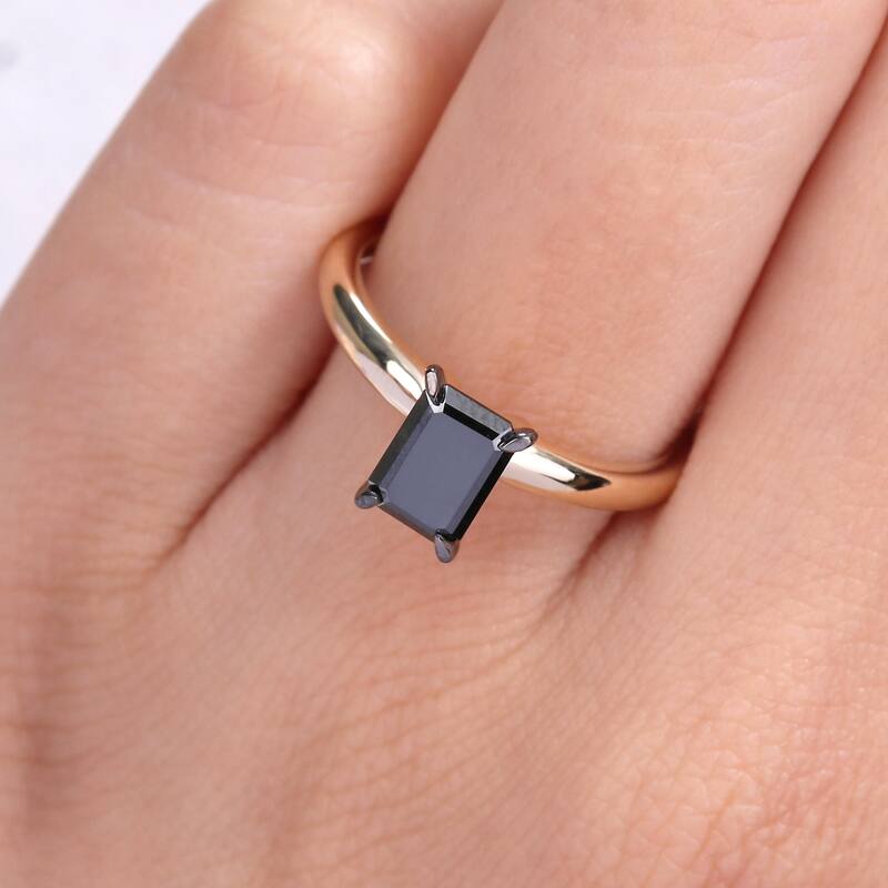 Miadora 1ct TDW Emerald-cut Black Diamond Solitaire Engagement Ring in 14k Yellow Gold