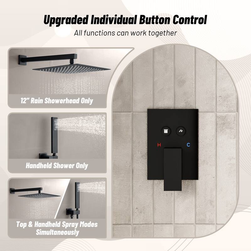 2-Spray Square 12 in. Dual Shower Head Wall Mount Fixed and Handheld Shower Head in Matte Black Valve Included - 12" x 12"