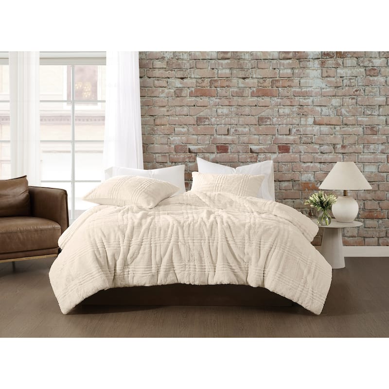 Brooklyn Loom Carved Faux Fur 3 Piece Comforter Set - Ivory - King