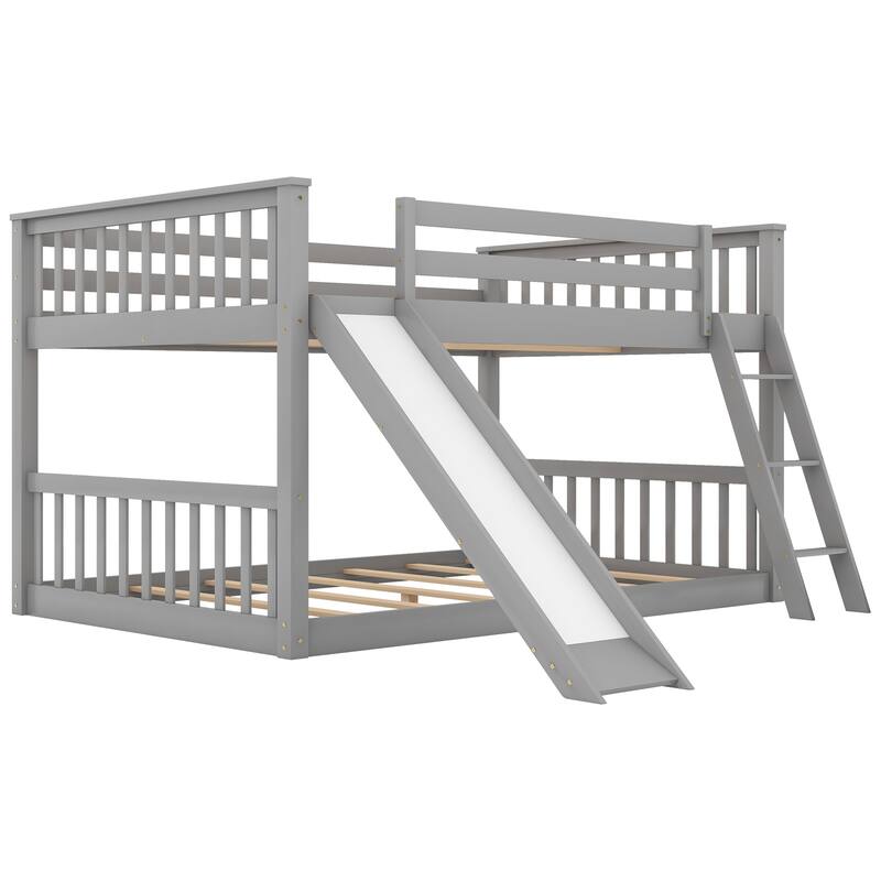 Convertible Full over Full Bunk Bed with Slide and Ladder, Gray