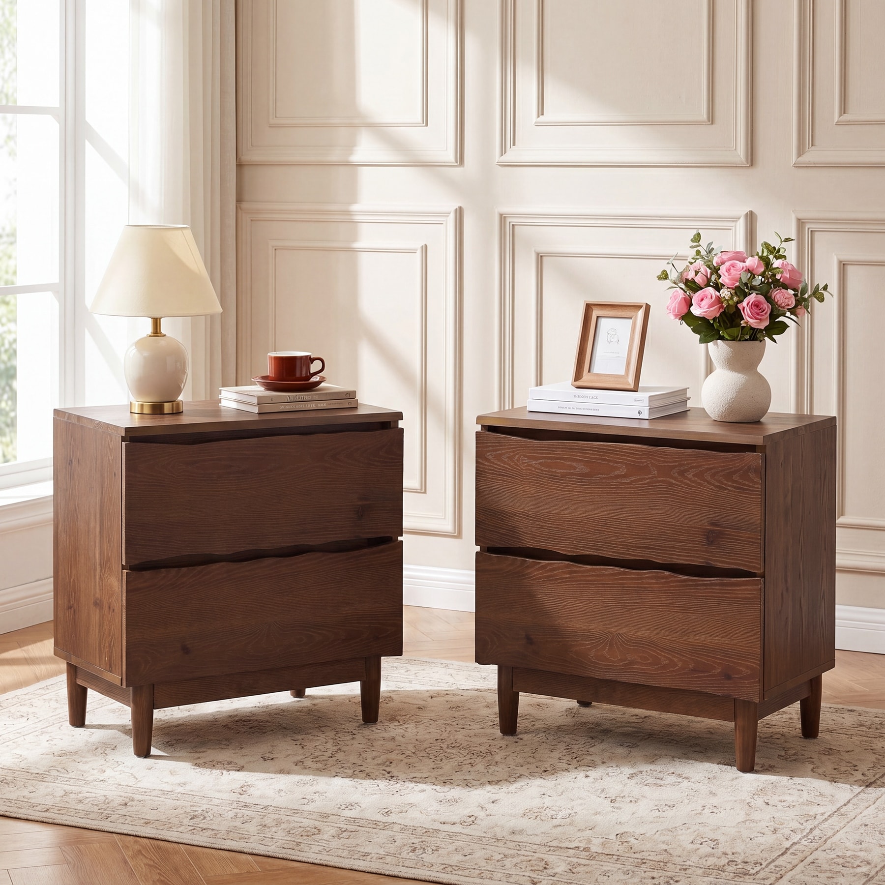 Solid Wood Nightstand with 2 Drawers, End Table for Bedroom