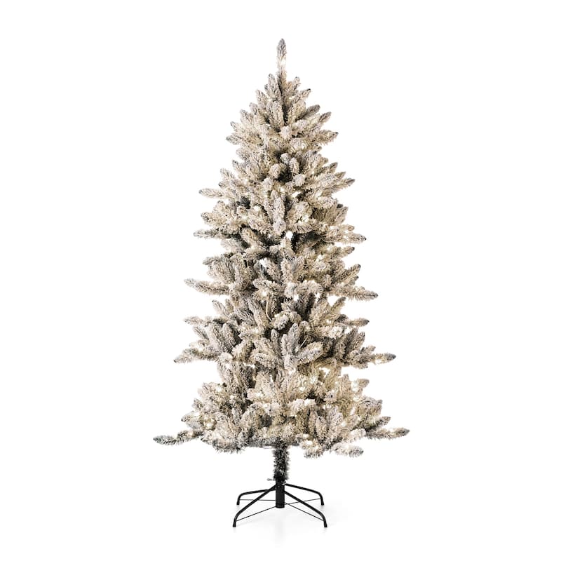 Glitzhome 6ft Pre-Lit Flocked Artificial Pine/Fir Christmas Tree 300 Warm White Lights