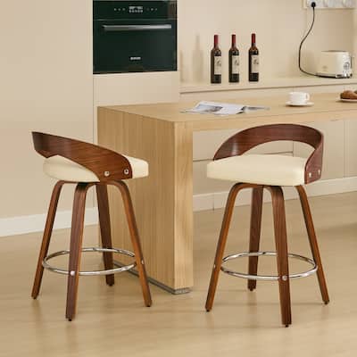 25-Inch Seat Height Swivel Bar Stool Walnut Wood Frame Low Back Bar Stools, 2Pc