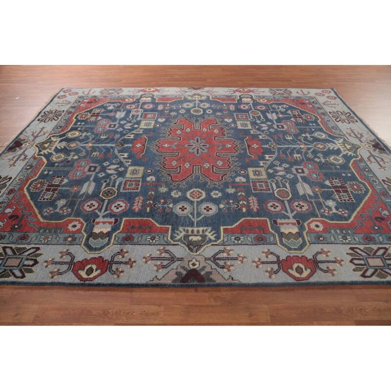 Blue Kazak Indian Area Rug Hand-Knotted Geometric Wool Carpet - 8'1" x 9'9"