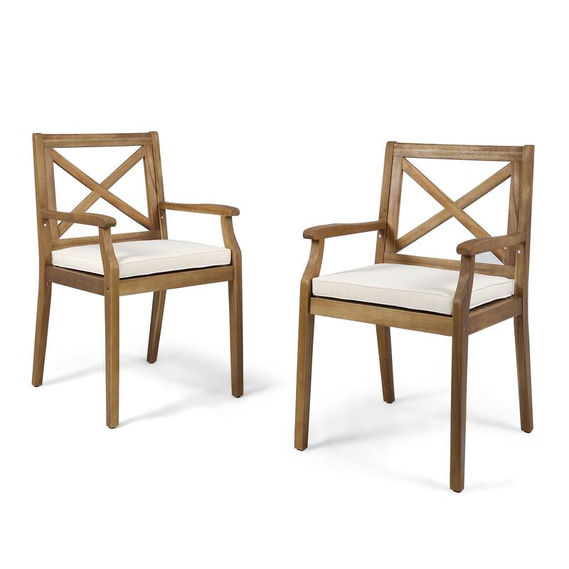 Roomfitters Set of 2 Solid Acacia Wood Dining Chairs with Water-Resistant Cushions, Cream