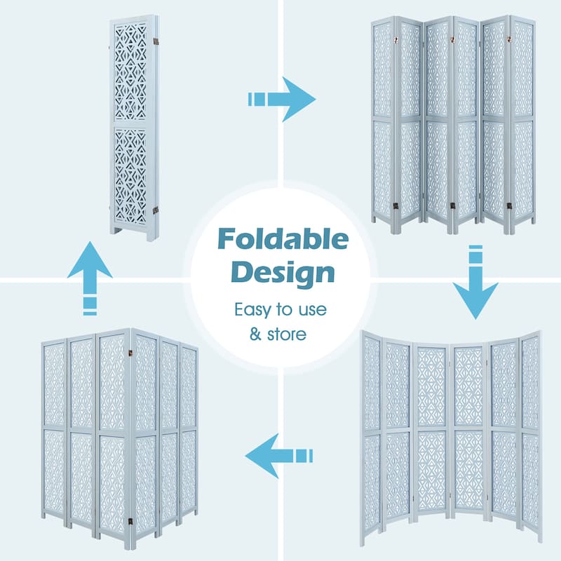 Gymax 6-Panel Wooden Room Divider w/ Carved Cutout Pattern & Solid