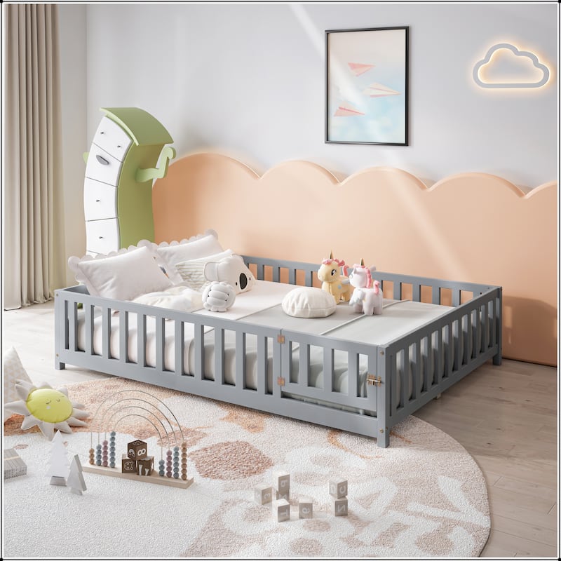 Full Size Floor Platform Bed with Fence and Door for Kids