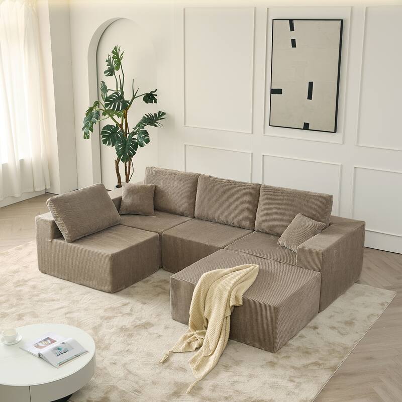 Modular L Shaped Sectional Sofa with Ottoman, Corduroy Boneless Cloud Sofa, 4 Seater Compressed Sofa with 2 Pillows