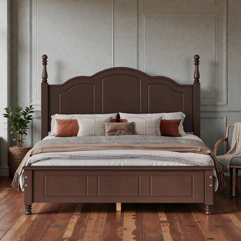 Retro Wood Platform Bed Frame with Headboard, Full Queen Bed with Wooden Slat Support, No Box Spring - Walnut - Full