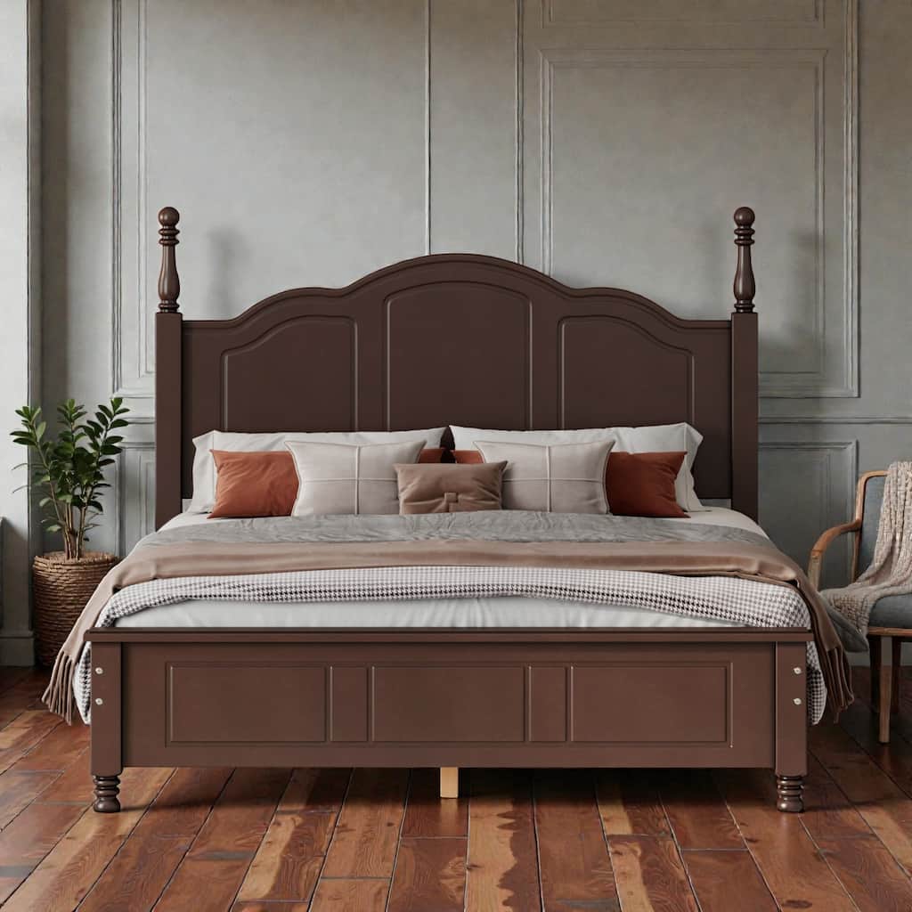 Retro Wood Platform Bed Frame with Headboard, Full Queen Bed with Wooden Slat Support, No Box Spring