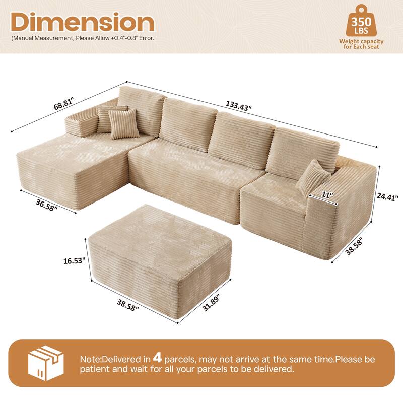 XIZZI Modern Plush Sectional Chaise Sofa Modular Couch with Ottoman