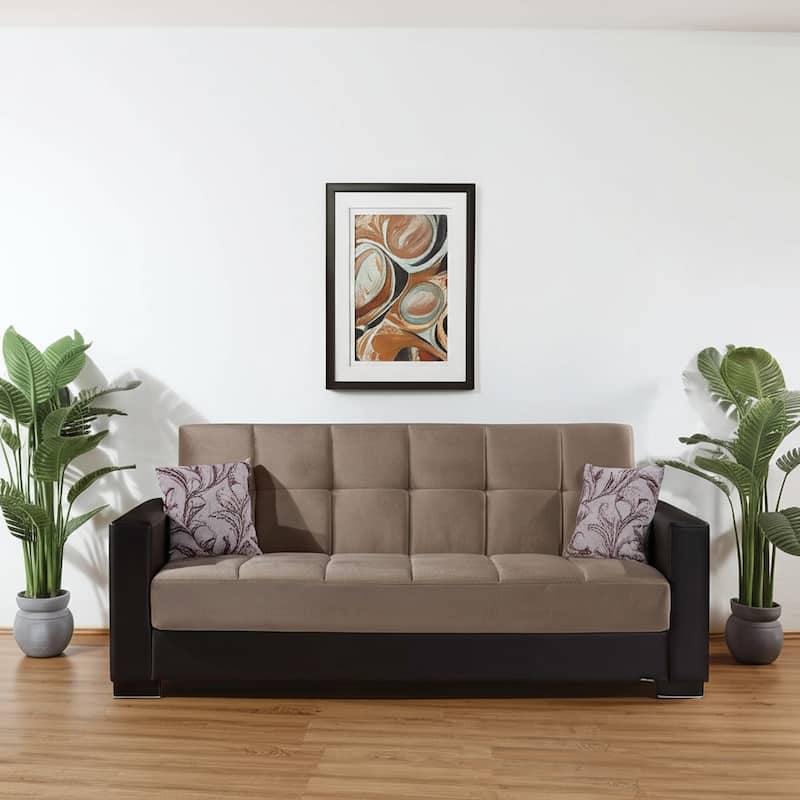 HomeRoots 87" Sand And Brown Chenille And Faux Leather Convertible Futon Sleeper Sofa And Toss Pillows With Storage - Brown/Sand