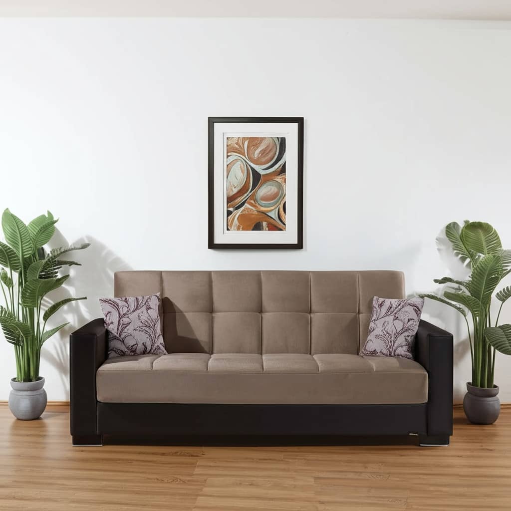 HomeRoots 87" Sand And Brown Chenille And Faux Leather Convertible Futon Sleeper Sofa And Toss Pillows With Storage