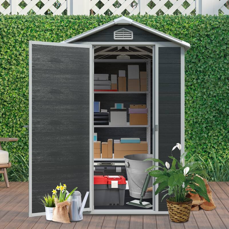 GDF Studio - Lyman Outdoor Resin Storage Shed with Floor, Window, and Lockable Single Door