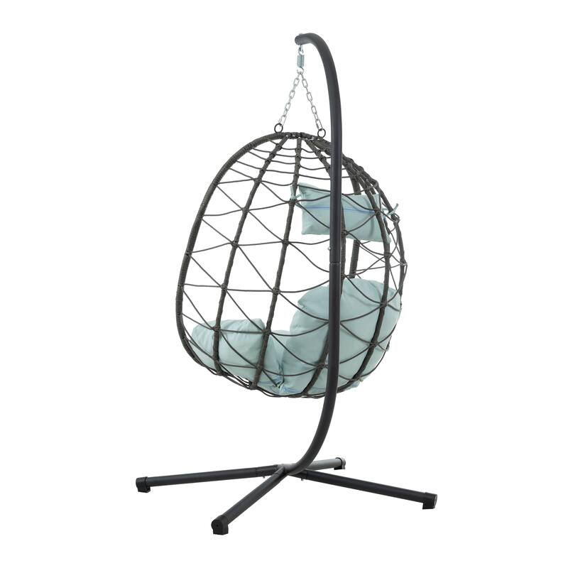 Egg Chair Basket Chair with Water-Resistant Cushions, Outdoor Swing Chair Patio Wicker Hanging with Stand - Gray+Blue