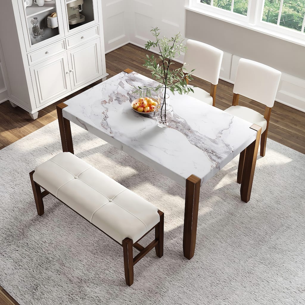Upholstered Bench & Upholstered Back Chairs, 4-Piece Vintage Dining Table Chair Set, Rectangular Dining Table