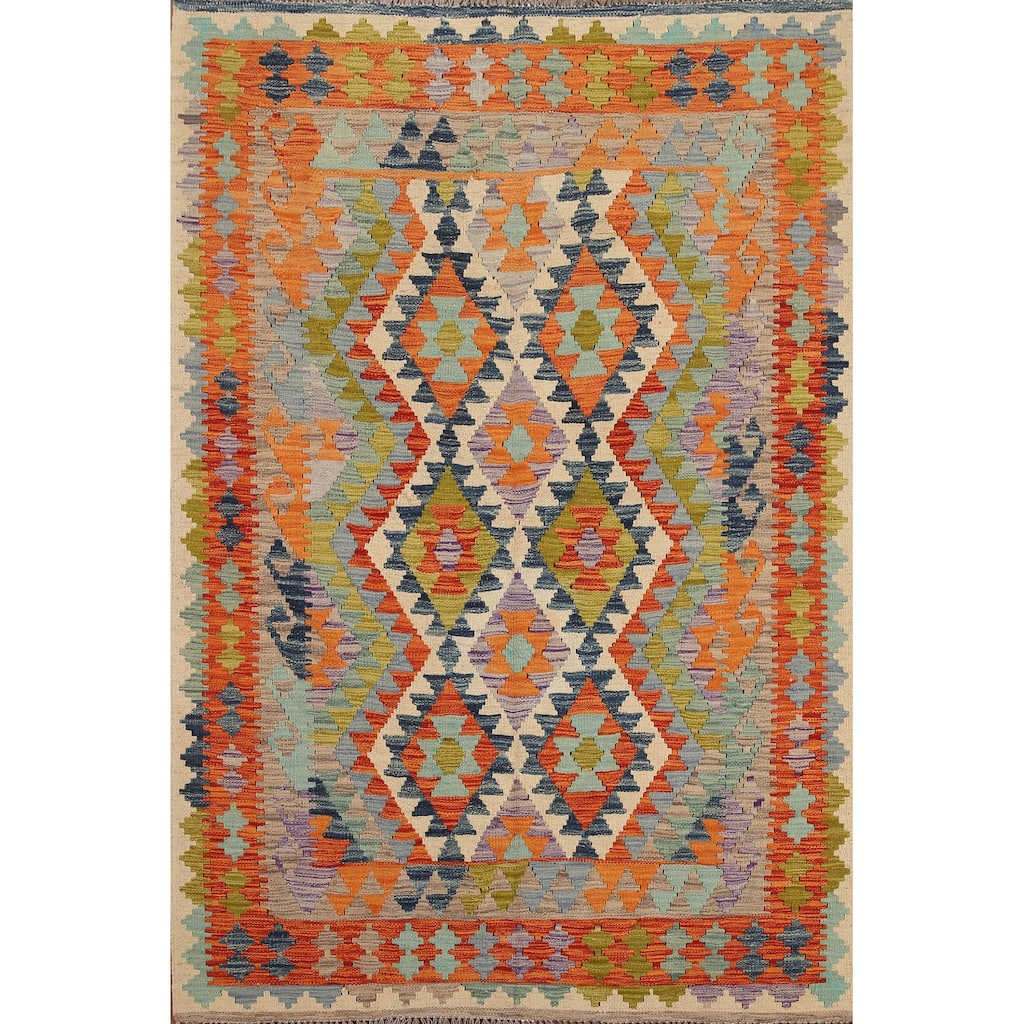 Hand Woven Oriental 100% Wool Carpet Southwestern Geometric Multi-Colored Kilim Area Rug - 6' 5'' X 4' 11''