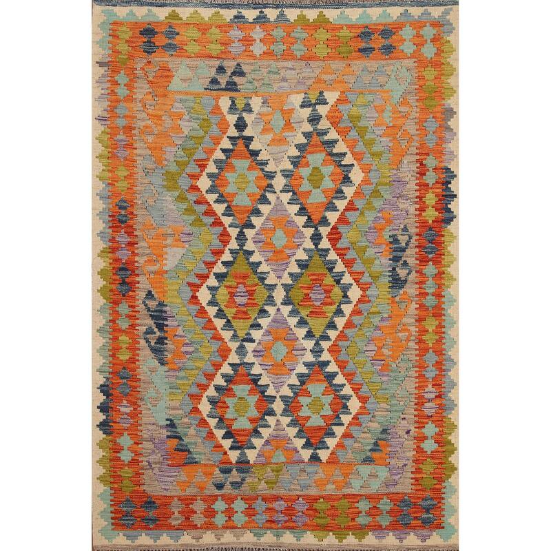 Hand Woven Oriental 100% Wool Carpet Southwestern Geometric Multi-Colored Kilim Area Rug - 6' 5'' X 4' 11''