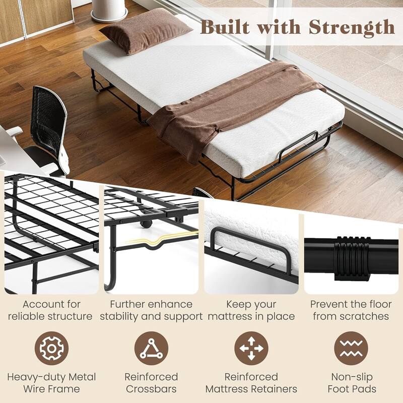 Twin Folding Bed w/Wheels 75" x 38" Rollaway Bed w/ Metal Frame