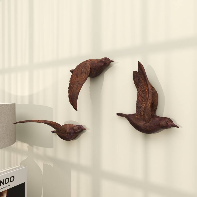 Polystone Weathered 3D Floating Bird Wall Decor (Set of 3) - Dark Brown, Gold, Silver
