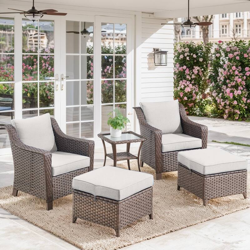 Patio Chairs and Ottomans with Coffee Table - Beige - Brown