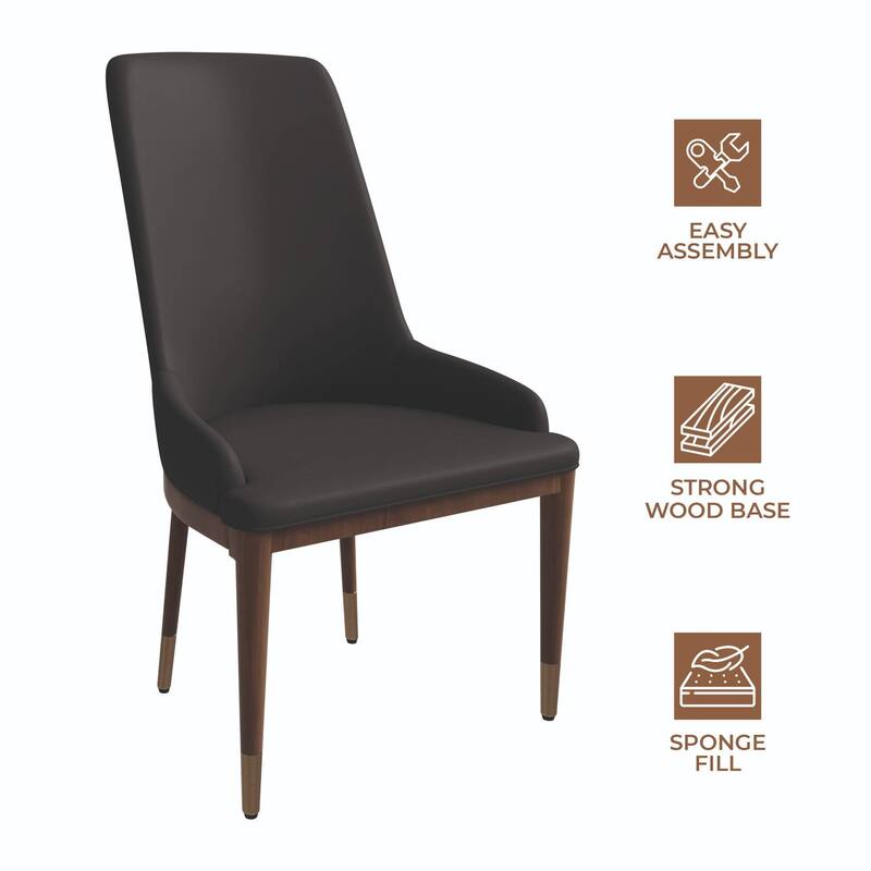 Dining Chair Upholstered in Leather with Rubberwood Frame Set of 2 Side Chair High Back and Gold Accent Legs