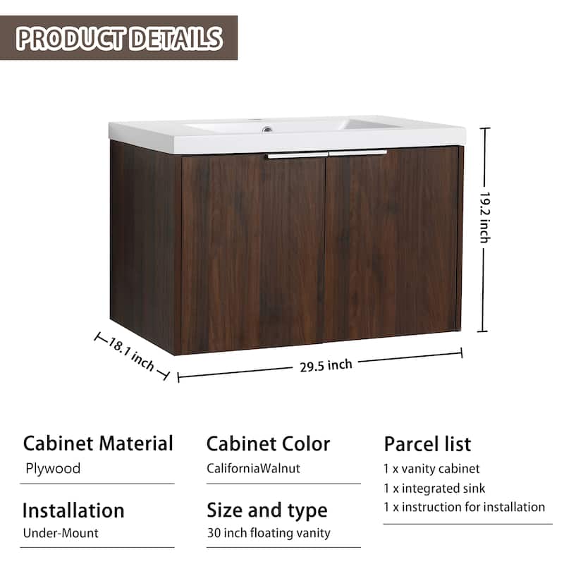 Beingnext 24"/30"/36" Bathroom Vanity with Sink, Floating Bathroom Vanity with 2 Soft Close Doors