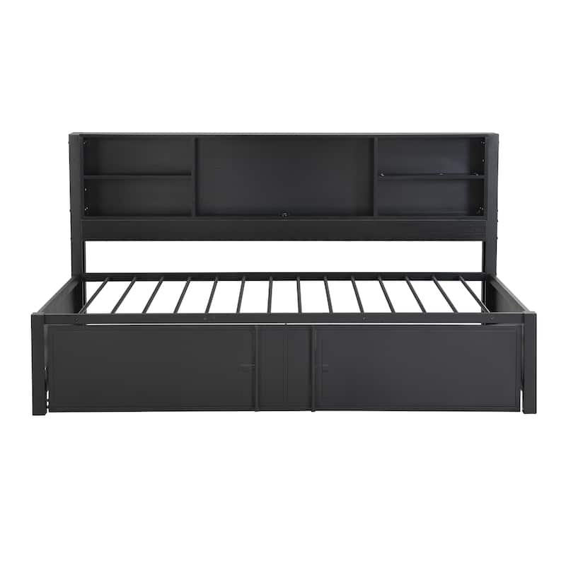 Black Metal Twin Daybed with Trundle, Storage Shelves, and USB Ports - No Box Spring Needed