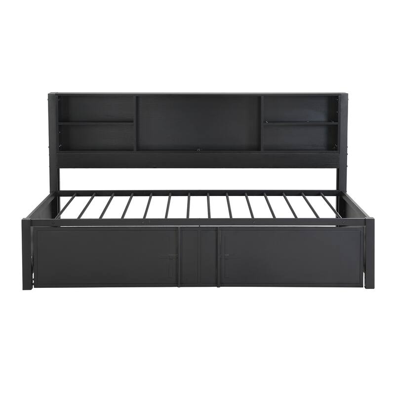 Black Metal Twin Size Daybed with Trundle, Storage Shelves, and USB Ports, No Box Spring Needed