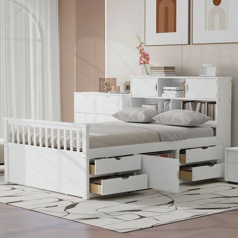 Captain Platform Bed Frame with Storage Bookcases and Shelves - White - Full